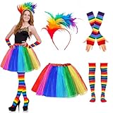 Regenbogen Tüllrock, 4er Regenbogen Tüllrock Damen, Karneval Kostüm Damen, Kniestrümpfe Damen Bunt, Fingerlose Handschuhe, Bunte Feder-Haarbänder, für Erwachsene für Karneval, Kostümparty, Mottoparty