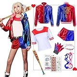 Amycute Quinn Cosplay Kostüme für Erwachsene, Mädchen Bösewicht Suicide Kostüm Kit enthalten Jacke, T-Shirt, Shorts und Handschuh für Halloween Karneval Cosplay (Erwachsene, L)