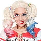 Perücke für Harley Quinn Mädchen Kinder Selbstmord Squad Rosa und Blau Mit Zwei Pferdeschwänzen für Frauen Damen Mädchen Kostümparty Karneval Cosplay Perücken 061A