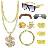 10 Stück Zuhälter Kostüm, 70er 80er 90er Jahre Kostüm Herren, Goldene Rapper Hip Hop Kostüm mit gold ring ketten sonnenbrille herren für Cosplay Karneval Fasching Mottoparty