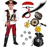 Tacobear Piratenkostüm Kinder Jungen mit Piraten Zubehör Set Piraten Hut Augenklappe Kompass Geldbeutel Ohrring Pirat Kapitän Karneval Kostüm für Kinder Jungen 4 5 6 7 8 9 10 Ans (S, 109-124)