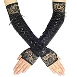 Coucoland Handschuhe Damen Lang mit Senkel Opera Fest Party Gotisch Handschuhe Damen Fasching Kostüm Accessoires (Spitze Kante Schwarz)