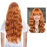 Damen Perücke Farbe mit Pony Lang Wellig Natürlich Farbe Lockige lange locken Volles Haare Peruecke für Frauen 28 Zoll (Weinrot) (Orange Farbe)