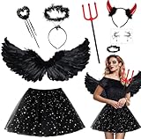 Teufel Kostüm Schwarz Engel Kostüm Damen Mädchen, Engelsflügel Kostüm mit Schwarze Flügel Heiligenschein Zauberstab Teufelshörner Heugabel Tutu Rock, Engel und Teufel Kostüm für Halloween Karneval