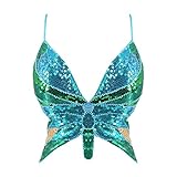 WanWorlder Damen Bauchtanz Kostüm BH Oberteil mit Pailletten Perlen Schmetterling Träger Halfter Crop Top Belly Dance Tanzkleidung (Blau C, Freesize)
