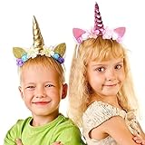 2 Stück Einhorn Haarreif, FUKPO Einhorn Haarreifen Stirnband mit Ohren und Blumen Kinder Mädchen Damen Erwachsene, Einhorn Horn Kopfschmuck Haarband Haarschmuck Geburtstag Party Dekoration(Rosa/Gold)