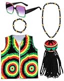 HICARER 5 Stück Rasta Kostüm Zubehör Rasta Hut mit Schwarzer Dreadlocks Perücke Jamaikanische Weste Quadratische Rasta Brille Jamaikanisches Armband und Halskette für Männer Frauen Halloween Cosplay