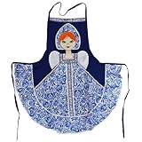 N_FROMM Matroschka Schürze Damen Kochschürze mit Schleife gesticktes Gesicht Kokoschnik Apron Blau-Weiß