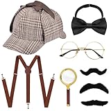 7 Stück Detektiv Kostüm Zubehör Set, 1920er Jahre Detektiv Kostüm mit Detektiv karierten Hut Y-Rücken Hosenträger Fliege Lupe Brille Schnurrbart, Detektiv Cosplay Requisiten für Karneval Cosplay Party