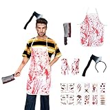 LKOIVNED Karneval Kostüm Herren, Metzger Kostüm mit Axt Stirnband Kunststoff Hackbeil Blutige Schürze Faschingskostüme Tattoo Aufkleber für Fasching Kostüm Herren Karneval Verkleidung Cosplay Party