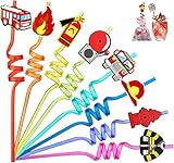 16 Stück Feuerwehr Geburtstag Party Deko, Mitgebsel Kindergeburtstag,Feuerwehrmann Kindergeburtstag deko,Wiederverwendbare Trinkschleife Strohhalme.