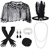 ELECLAND 10-teiliges 1920er Flapper Gatsby Accessoires-Set Fashion Roaring 20's Theme Set mit Stirnband, Kopfbedeckung, langen schwarzen Handschuhen, Halskette, Ohrringen für Frauen (Black)