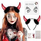 BOYATONG Karneval Kostüm Damen, Teufelshörner mit Glitzersteinen und Narben Tattoo, Teufel Kostüm Teufelsohren Haarreif Faschingskostüm Damen, Vampir Kostüm für Fasching Halloween Cosplay