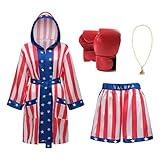 Regenboog Rocky Balboa Kostüm Herren und Damen, amerikanische Flagge, Boxkostüm für Erwachsene, Satin-Boxer-Bademantel, Shorts, Gürtel, Boxhandschuhe, USA-Bademantel, Halloween, Übergröße, XXL