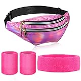 4er Pack 80er 90er Kostüm Zubehör mit Taschen Set inkl. Gürteltasche PU Leder Bauchtasche, Schweißband Stirnband und Schweißband Armbänder für Retro Party Karneval (Lila und Rot)