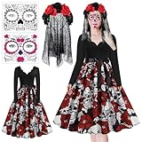 DOWNDRIFT Halloween Kostüm Damen Skelett,Skelett Kostüm Damen,Halloween Kostüm Damen Gruselig,Halloween Tag Der Toten Haarreif Und Schleier für Halloween,Kostümparty,Rollenspiel (L)