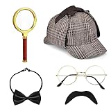 5 Stück Detektiv Kostüm Zubehör Set, Sherlock Holmes Kostüm Accessoires mit Detektiv Hut Brille Falscher Schnurrbart Lupe Fliege Detektiv Cosplay Requisiten für Fasching Karneval Cosplay Party