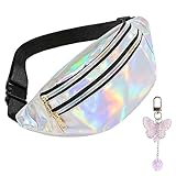 FASBET Bauchtasche Silber Metallic mit Schmetterling Deko Bauchtasche 80er Jahre Damen Kinder Silberne Bauchtasche Karneval Gürteltasche Silber Glitzer Bauchtasche Bunt Tasche Silber Metallic (Silber)