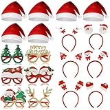 JOYEONDEF 18 Stück Weihnachten Accessoires, 6 Stück Haarreifen Weihnachten, 6 Stück Weihnachtsmützen, 6 Stücke Weihnachten Brillen Rahmen, Lustig Weihnachtsbrillen, Weihnachten Party Dekoration