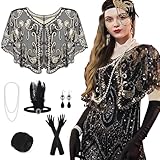 PLULON 10-teiliges 1920er Flapper Great Gatsby Accessoires-Set Fashion Roaring 20's Theme mit Stirnband, Kopfbedeckung, langen schwarzen Handschuhen, Halskette, Ohrringen für Frauen (Black Gold)