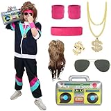 90er 80er Jahre Kostüm Erwachsene, 80er Jahre Outfit Herren Damen 80er Jahre Trainingsanzug Kostüm Jacke Hose Anzug mit Vokuhila Perücke Stirnband Armbänder Brille Radio Para Fasching Karneval (XL)
