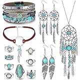 Milacolato Western Schmuck Für Frauen Türkis Anhänger Halskette Wester Drop Dangle Ohrringe Türkis-Kunstleder Geschichtete Armbänder Boho Knöchelringe Set Böhmisches Schmuckset