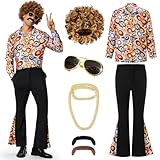 Ulikey 70er Jahre Kostüm Herren, 60er70er Jahre Outfit Herren Retro Hippie Kostüm 70er Disco Kostüm Männer Set mit Perücke, Hemd, Schlaghosen und Disco Zubehör für Karneval Halloween (Orange, L)