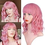 Mildiso Perücke Rosa Damen Kurze Bob Curly Perücken mit Pony Natürliche Perücke/Für Frauen Cosplay Kostüm Party 047A
