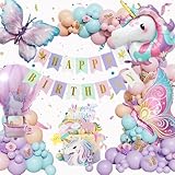 Konoz Einhorn Geburtstagsdeko Mädchen, Einhorn Deko Kindergeburtstag, Einhorn Luftballons, 1-10 Jahre Happy Birthday Deko, Kindergeburtstag Deko, Schmetterling Folienballon Geburtstag Mädchen Deko