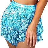Flovel Silvester Damen Rock mit Pailletten Blau Quaste Bauchtanz Hüfttuch Rave Kostüm Fransenrock Halloween Rave Outfit für Damen und Mädchen