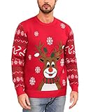 Marvmys Herren Weihnachtspullover Hässlicher Weihnachtspulli Christmas Sweater Schneeflocken Elch Stricken Herrenpullover mit Rundhalsausschnitt und Langen Ärmeln für Herren Weihnachtsparty B-Rot M