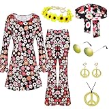 WILDPARTY 70er Jahre Hippie Bekleidung Damen Set, Schlager Outfit Enthält Kleid, Hosen, Hippie Accessoires, 60er 70e Retro Outfit Schlagermove Faschings Kostüm Disco Party Halloween Karneval