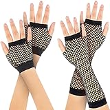 Bencailor 2 Paar Halloween Lange und Kurze Netzhandschuhe Fingerlose Netzhandschuhe Netz Mesh Handschuhe 80er Jahre Netzhandschuhe für 80er Jahre Kostüm Zubehör Partyzubehör (Schwarz)