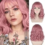 FVCENT Schulterlange kurze lockige Vollknall Frauen wellig Bob Perücke (Rosa)