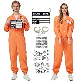 KUKIKUKI Häftling Kostüm Herren Orange Prisoner Costume Damen Sträfling Kostüm Halloween Orange Gefangener Prisoner Overall für Erwachsener Gefängnis Kostüm