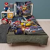 Kinder Wende Bettwäsche-Set Super Mario Kart · Jungenbettwäsche 135x200 80x80 cm aus 100% Baumwolle mit Reißverschluss · Dunkles Motiv Bump mit Mario und Bowser