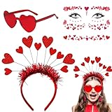 3 Stück Herz Haarreif Set, Herz Randlose Sonnenbrille, Herz Gesicht Sticker, Glitzer Herzen Stirnband, Roter Herz Haarreif für Valentinstag, Hochzeit, Geburtstag Party Deko, Kostüm Party, Weihnachten