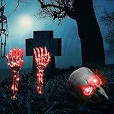 Neusky Halloween Deko Outdoor, Ground Breaker Totenschädel und Knochenhände Set, Skelett Arm Gartenstecker mit LED + Halloween Totenkopf mit LED Augen (EIN Kopf, Zwei Hände) (Rot)