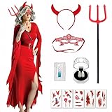 VOVhpbidy 12 Stück Kostüm Teufel Set für Damen, Devil Costume Halloween, Sexy Stretch Kleid Halloween Frauen mit Teufelshörner, Dämon für Erwachsene Halloween Karnevalsparty Cosplay