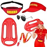 SelfTek Lifeguard Kostüm für Damen und Herren, Rettungsschwimmer Kostüm Set Baywatch Kostüm, Rettungsboje, Zubehör, Rot, Verstellbare Sonnenschutz Hut für Karneval Halloween