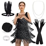 PLULON Flapper-Kleid für Damen, 1920er-Jahre, Gatsby, Pailletten, Fransen, V-Ausschnitt, brüllende 20er-Jahre-Kleider, Kostüme mit 20er-Jahre-Accessoires-Set