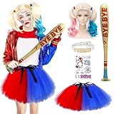 Ourdort Cosplay Kostüme für Erwachsene,Mädchen Bösewicht Suicide Kostüm Kit,Halloween Karneval Kostüm Damen,Tüllrock mit Halskette,Perücke,Aufblasbarer Baseballschläger,Tattoo,für Fasching Party
