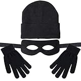 BETESSIN Dieb Kostüm Set - inkl. Beanie Strickmütze, Augenmaske, Handschuhe - Räuber und Einbrecher Kostüm Zubehör für Kinder und Erwachsene zu Karneval, Fasching, Fastnacht, Gangster-Mottoparty usw.