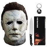 Noufun Michael Myers Maske für Erwachsene - Halloween 2018, Vollkopfmaske Halloween Horror Gesicht Kopfbedeckung Latex Gummi mit Haaren, Inklusive Messer und Schlüsselanhänger (2018)