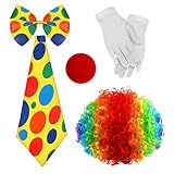 TERJBG 5 Stück Clown Kostüm Set, mit Perücke, Nase, Bunte Fliege, Krawatte und Handschuhen, Bunt und Lustig, Karneval Kostüm Kinder und Damen/Herren, für Karneval und Fasching, Unisex