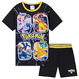 Pokemon Schlafanzug Jungen, Sommer Pyjama Set mit T-Shirt und Schlafhose Shorts (Schwarz/Gelb, 6-7 Jahre)