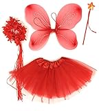 Tante Tina Schmetterling Kostüm Mädchen - 4-teiliges Mädchen Kostüm Schmetterling mit Tüllrock, Flügel, Zauberstab und Haarkranz - Rot - geeignet für Kinder von 2 bis 8 Jahren