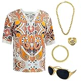XonyiCos Hippie Männer 70er und 80er Jahre Disco Kleidung Shirts Strand Kordelzug Gedruckt Kurze Ärmel 5-teilige Disco Theme Party (as3, alpha, xx_l, regular, regular)