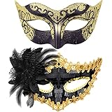 SIQUK 2 Stück Venezianische Maske Paar Maskerade Mask Venezianischen Maske Kostüm Masken für Damen Herren Halloween Karneval Party, Schwarz & Gold