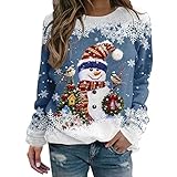 Weihnachtspullover Damen Langarmshirt, Pullover Weihnachten Damen Sweatshirt,Weihnachtsshirt Damen Langarm mit Schneemann Weihnachtsmotiv Große Größen Weihnachts Tshirt für Frauen Teenager Mädchen